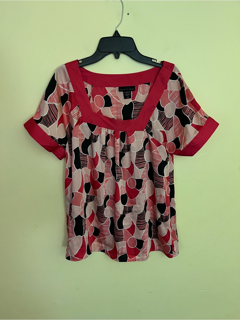 Apostrophe Pink and Black Geometric Square-Neck Blouse Size Small